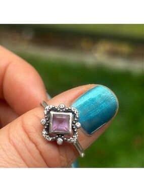 VINTAGE 925 Sterling Silver Amethyst Ring Size 9 RJ Maker Mark Square Cut Boho